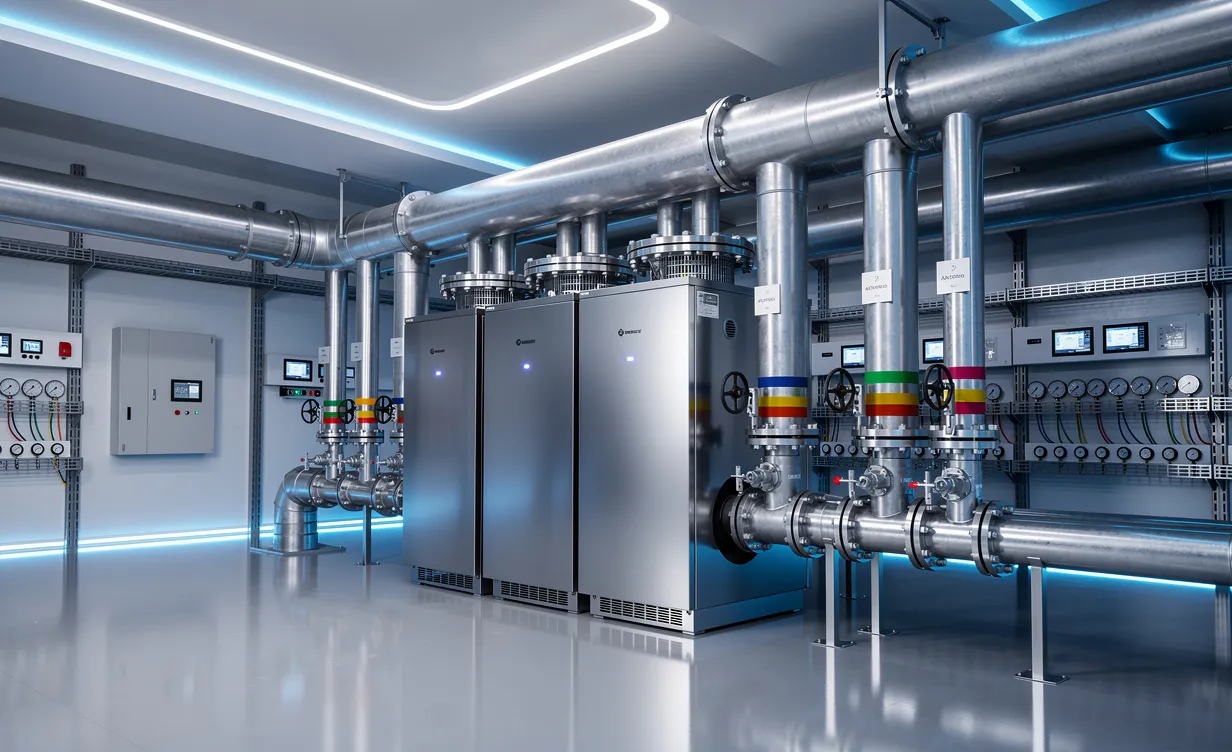 Système de climatisation à refroidissement par eau dans une salle technique moderne, avec groupes frigorifiques reliés par des tuyaux isolés et éclairage bleu sur des surfaces métalliques.