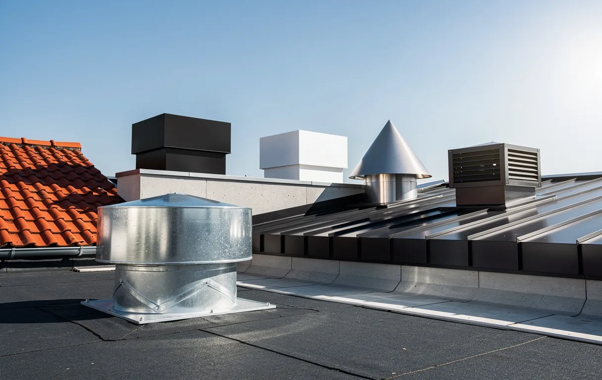 Plusieurs chapeaux de VMC de formes et matériaux variés sont installés sur un toit moderne sous un ciel bleu.
