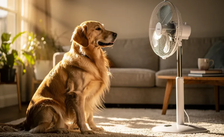 Un golden retriever est assis calmement devant un ventilateur dans un salon baigné de lumière, avec une ambiance paisible.