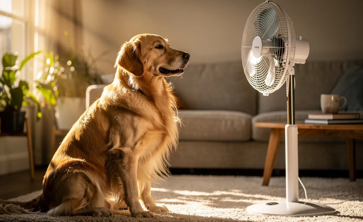 Un golden retriever est assis calmement devant un ventilateur dans un salon baigné de lumière, avec une ambiance paisible.