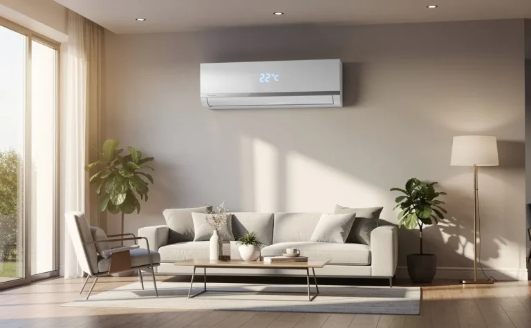 Un climatiseur moderne est installé dans un salon lumineux avec de grandes fenêtres et un affichage numérique de la température.
