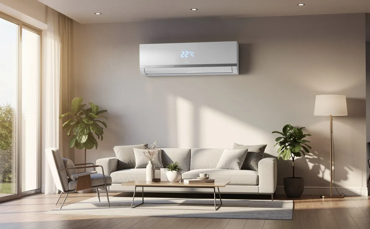 Un climatiseur moderne est installé dans un salon lumineux avec de grandes fenêtres et un affichage numérique de la température.