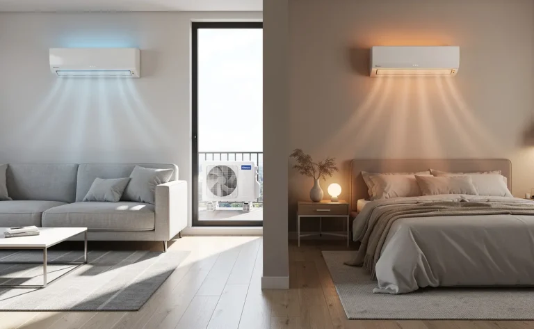 Deux climatiseurs muraux modernes sont installés dans un salon et une chambre avec une unité extérieure visible par la fenêtre, tandis que des flux d’air chaud et froid sont suggérés par la lumière du soleil.