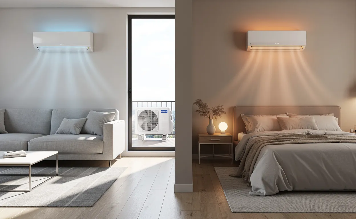 Deux climatiseurs muraux modernes sont installés dans un salon et une chambre avec une unité extérieure visible par la fenêtre, tandis que des flux d’air chaud et froid sont suggérés par la lumière du soleil.