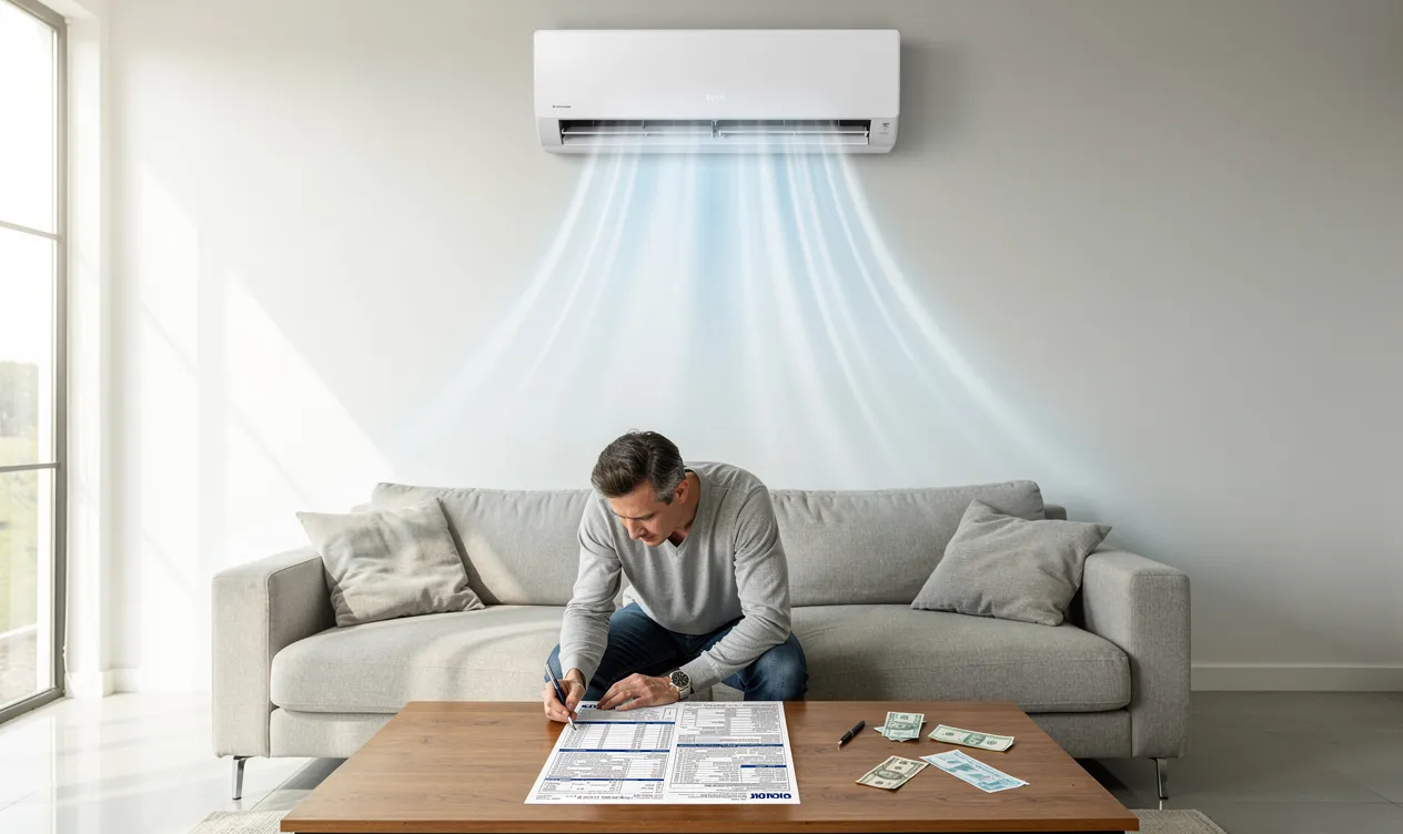 Un climatiseur moderne diffuse de l’air frais sur une personne examinant une grande facture d’électricité dans un salon baigné de lumière naturelle.