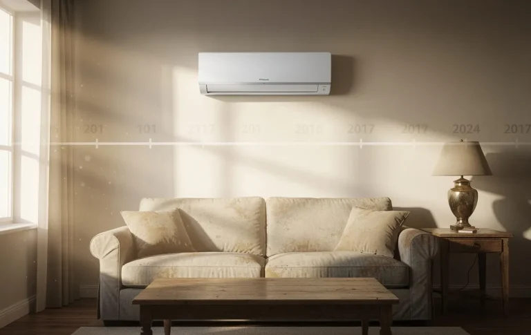 Un climatiseur moderne est fixé sur le mur d’un salon éclairé, avec des meubles usés et une subtile impression de passage du temps.