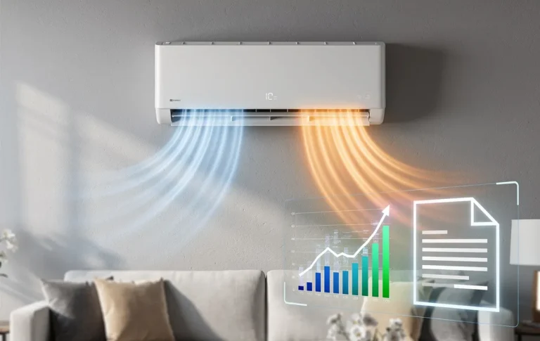 Un climatiseur moderne fixé au mur d’un salon élégant diffuse de l’air chaud et froid, avec un graphique financier et une icône de document officiel au premier plan.
