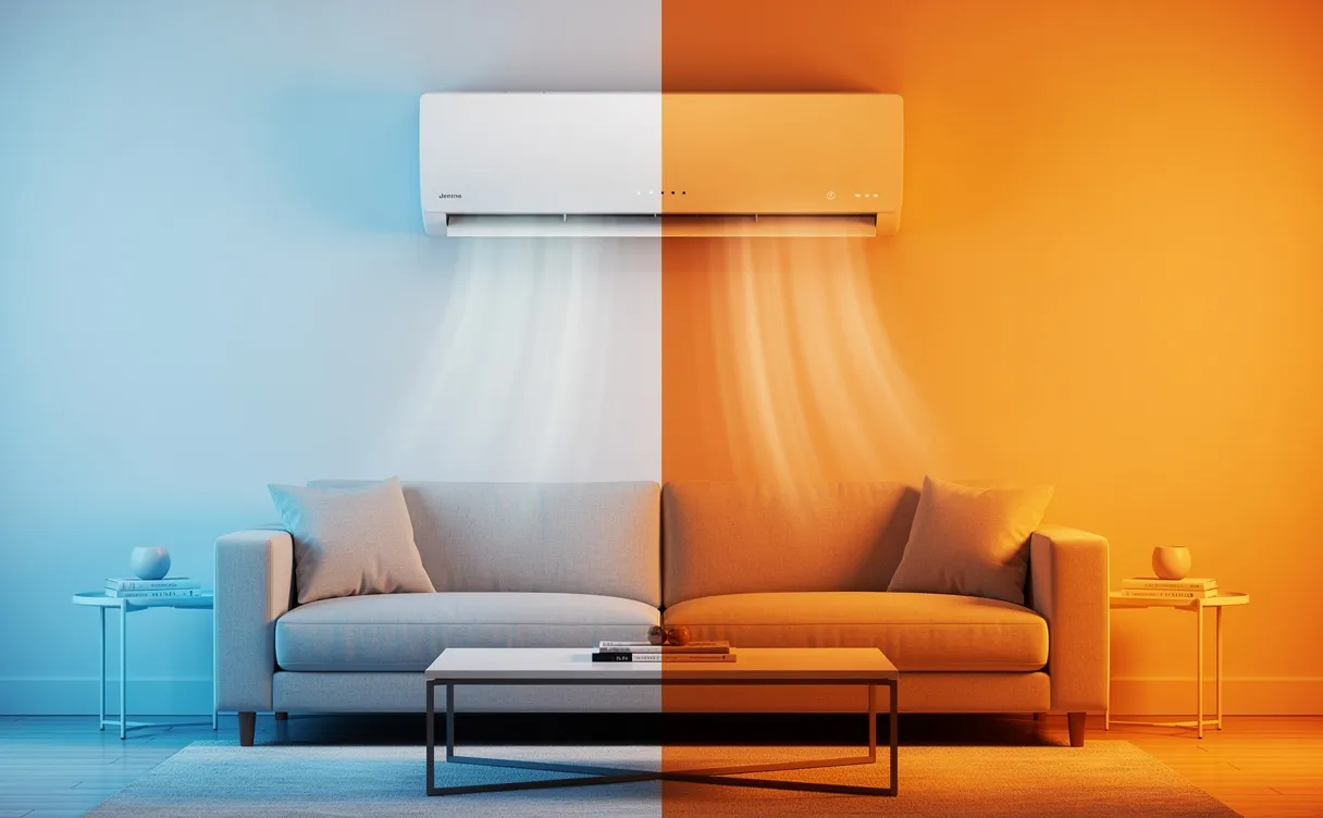 Un climatiseur moderne réversible est fixé en hauteur sur un mur de salon, illustrant une ambiance fraîche bleutée d’un côté et chaleureuse orangée de l’autre.