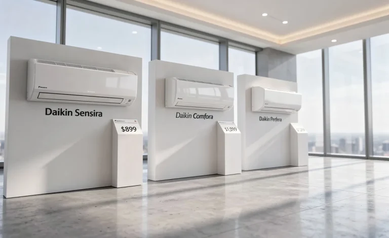 Des climatiseurs Daikin Sensira, Comfora et Perfera sont alignés sur des socles dans un showroom lumineux, chacun avec une étiquette de prix.