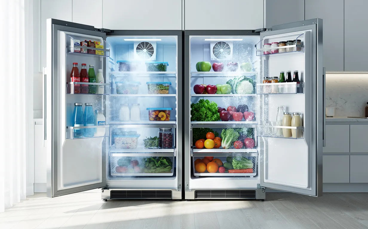 Deux réfrigérateurs modernes côte à côte dans une cuisine lumineuse, l’un avec des aliments bien refroidis et un ventilateur visible, l’autre avec des produits frais et un léger givre.