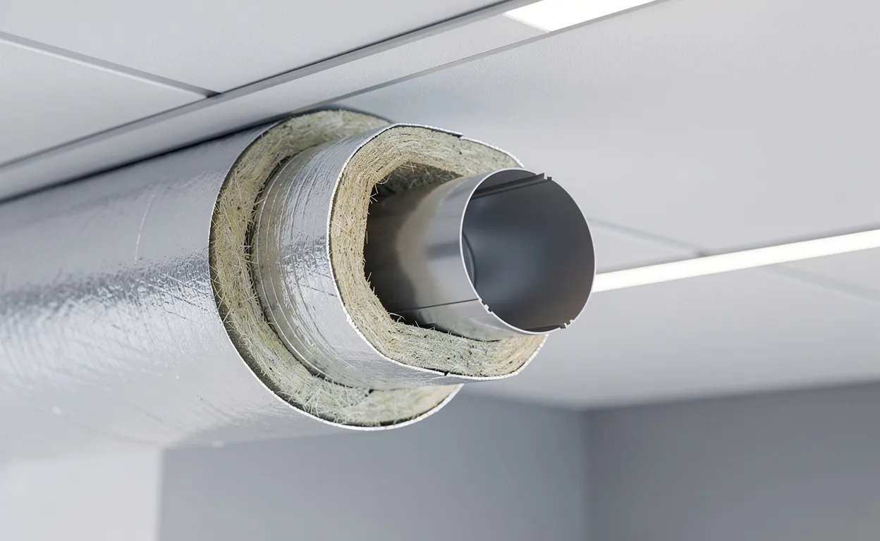 Gros plan sur une gaine de ventilation isolée de 80 mm installée sous un plafond moderne, montrant les différentes couches de son isolation.