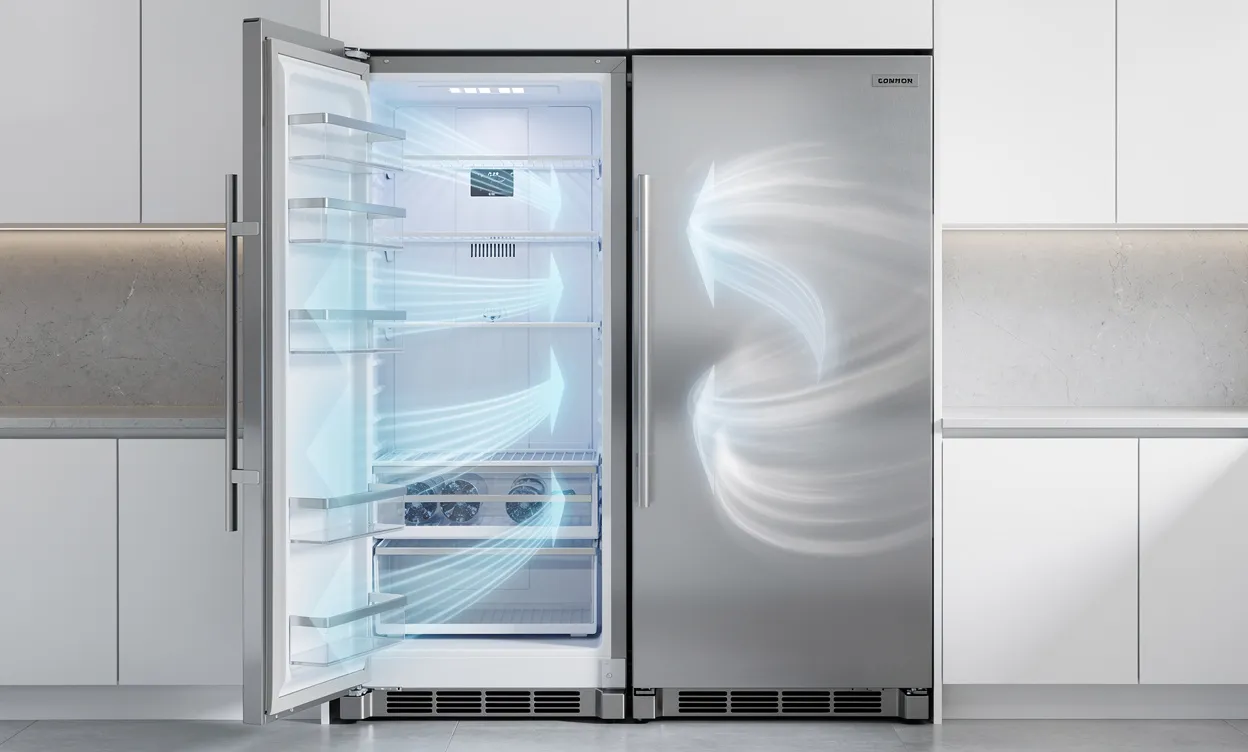 Deux réfrigérateurs modernes côte à côte dans une cuisine sobre, l’un éclairé en bleu et l’autre avec un effet de brise, montrant deux technologies de refroidissement.