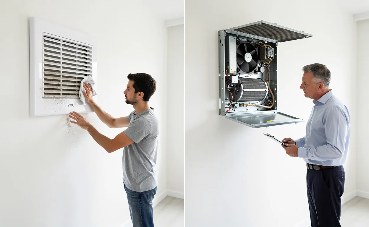 Un locataire nettoie une bouche de VMC tandis qu’un propriétaire inspecte les composants mécaniques d’une unité de ventilation moderne fixée sur un mur blanc.