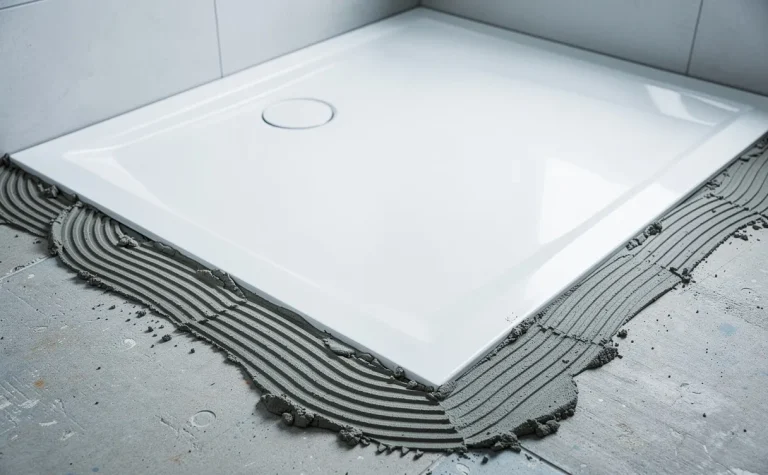 Bac de douche blanc avec une couche de mortier-colle inégale autour des bords, posé dans une salle de bain moderne.