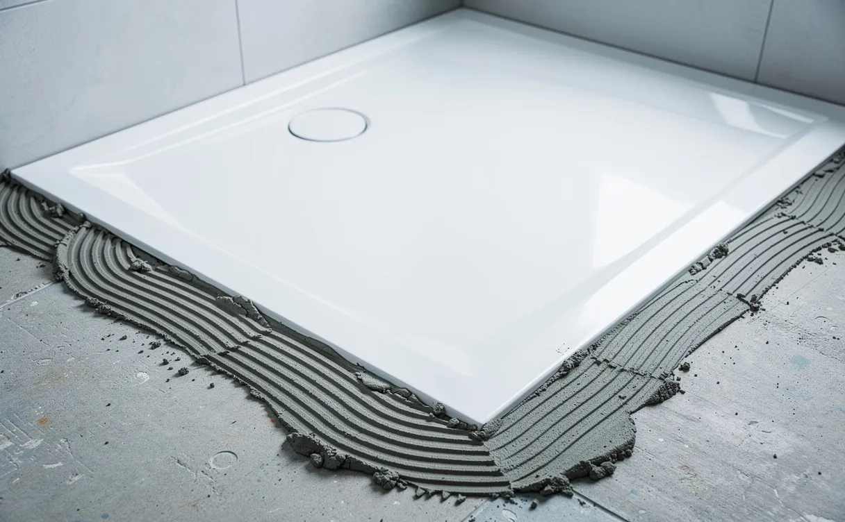 Bac de douche blanc avec une couche de mortier-colle inégale autour des bords, posé dans une salle de bain moderne.