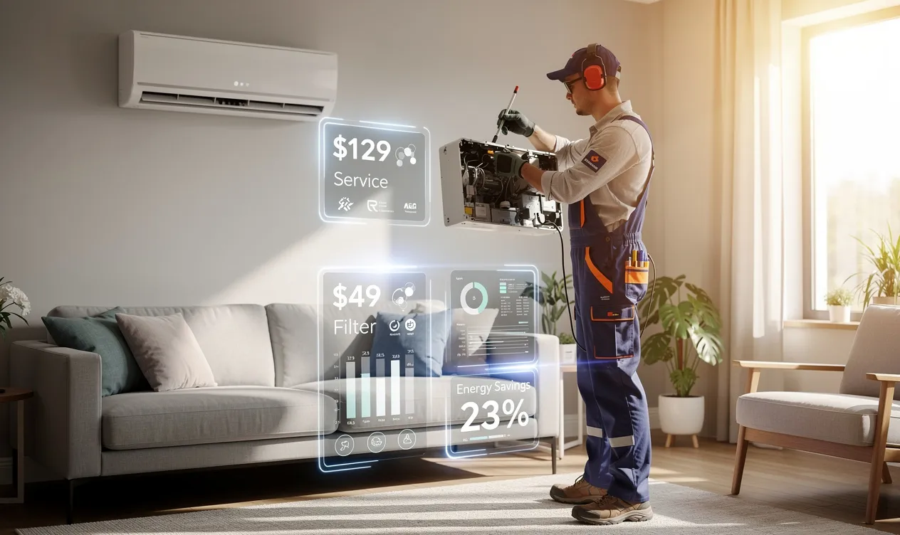Un installateur de climatisation ajuste un appareil moderne dans un salon lumineux tandis que des estimations de coût numériques apparaissent au premier plan.