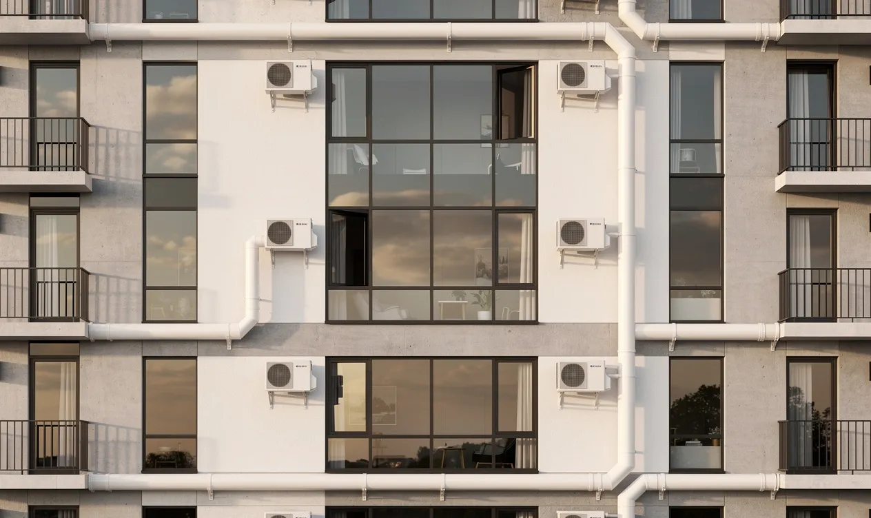 Façade d’un immeuble moderne avec des conduits de climatisation blancs visibles intégrés le long des murs extérieurs.