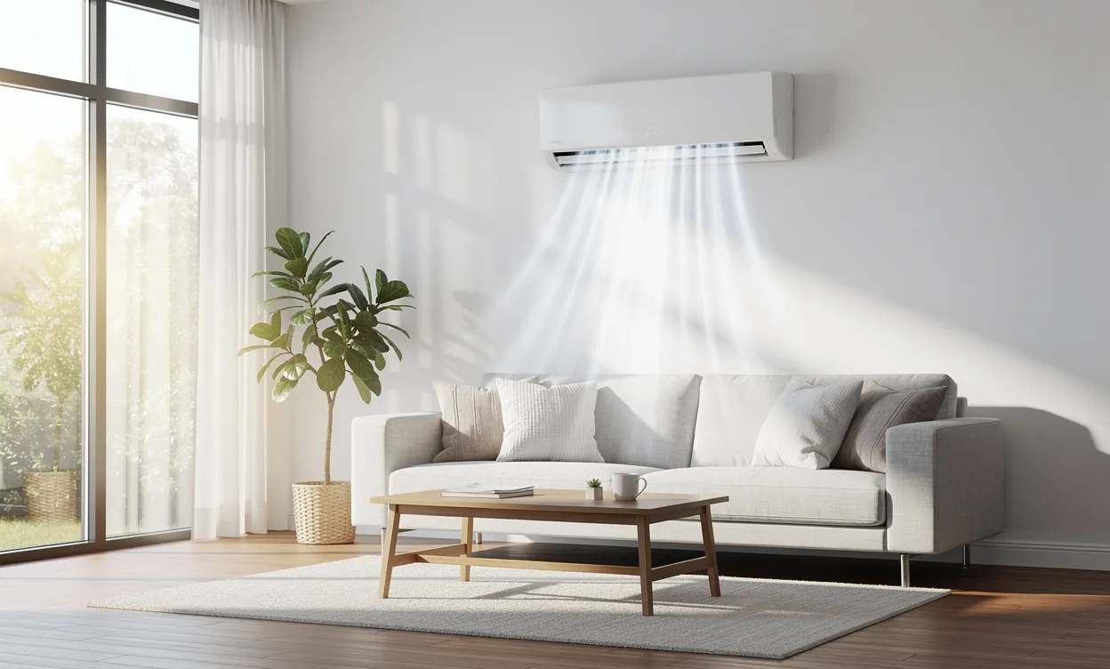 Un climatiseur moderne fixé sur un mur blanc rafraîchit un salon clair et meublé, baigné de lumière naturelle venant de grandes fenêtres.