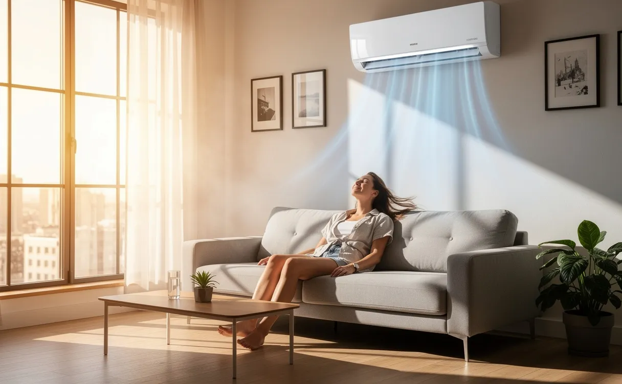 Un climatiseur moderne diffuse de l’air frais dans un salon lumineux où une personne détendue profite de la brise.