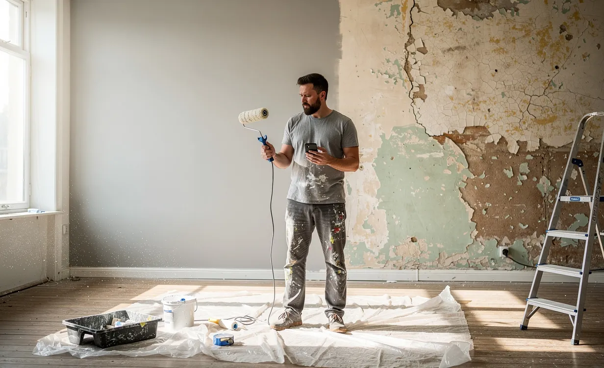 Un homme pensif tient un rouleau à peinture et un téléphone dans un salon partiellement rénové, avec une lumière naturelle entrant par la fenêtre.
