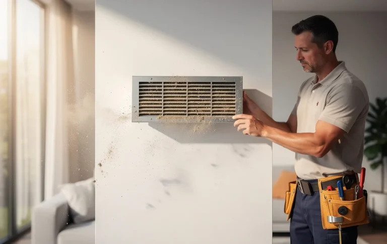 Une personne examine une VMC dans une maison moderne, de la poussière visible sur la grille d’aération sous un rayon de soleil.