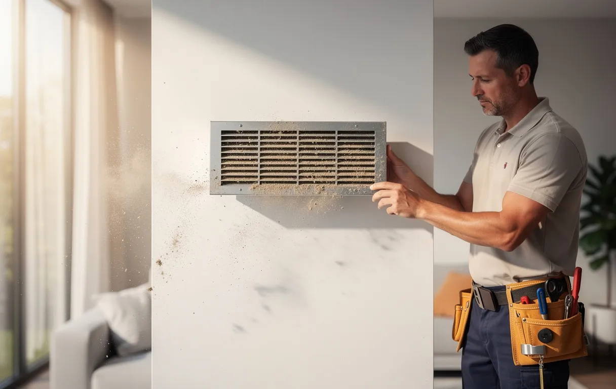 Une personne examine une VMC dans une maison moderne, de la poussière visible sur la grille d’aération sous un rayon de soleil.