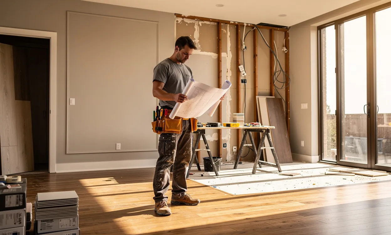 Un professionnel de la rénovation examine un salon moderne partiellement rénové, plan en main et ceint d’une ceinture à outils, sous la lumière naturelle entrant par de grandes fenêtres.