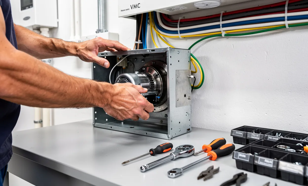 Un technicien installe un moteur neuf dans une VMC moderne, avec outils et câbles organisés dans une pièce lumineuse.