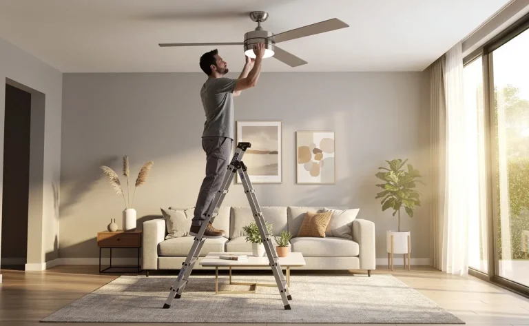 Une personne sur une échelle installe un ventilateur de plafond dans un salon lumineux et bien rangé, baigné par la lumière du jour.