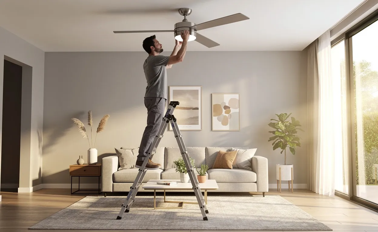 Une personne sur une échelle installe un ventilateur de plafond dans un salon lumineux et bien rangé, baigné par la lumière du jour.