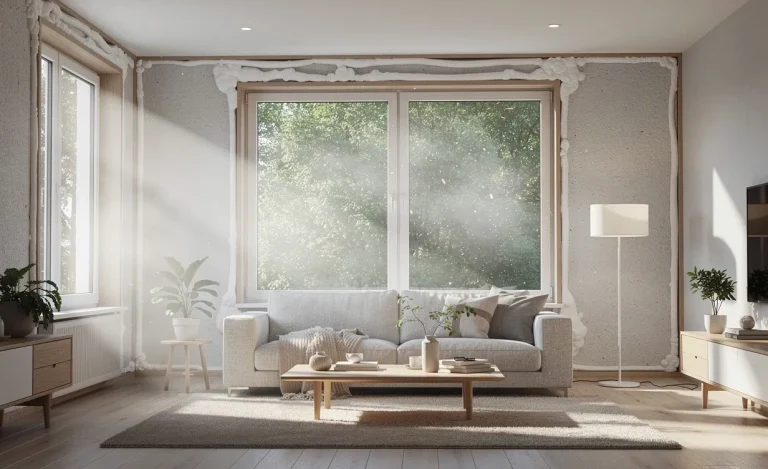 Un salon moderne et paisible baigné de lumière, avec des fenêtres et une isolation neuves, où flottent de légers grains de poussière dans une ambiance feutrée.