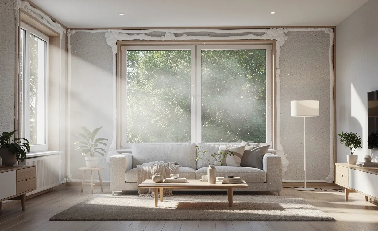 Un salon moderne et paisible baigné de lumière, avec des fenêtres et une isolation neuves, où flottent de légers grains de poussière dans une ambiance feutrée.