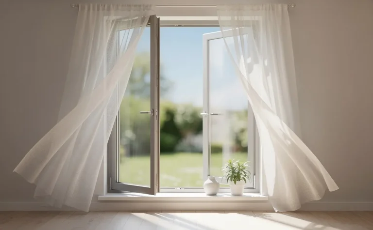 Une fenêtre ouverte laisse entrer la lumière du jour, faisant flotter des rideaux blancs dans une pièce moderne et paisible.