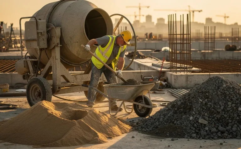 Un maçon mélange du béton près d’une bétonnière, avec des tas distincts de sable et de gravier sur un chantier illuminé par la lumière dorée du matin.