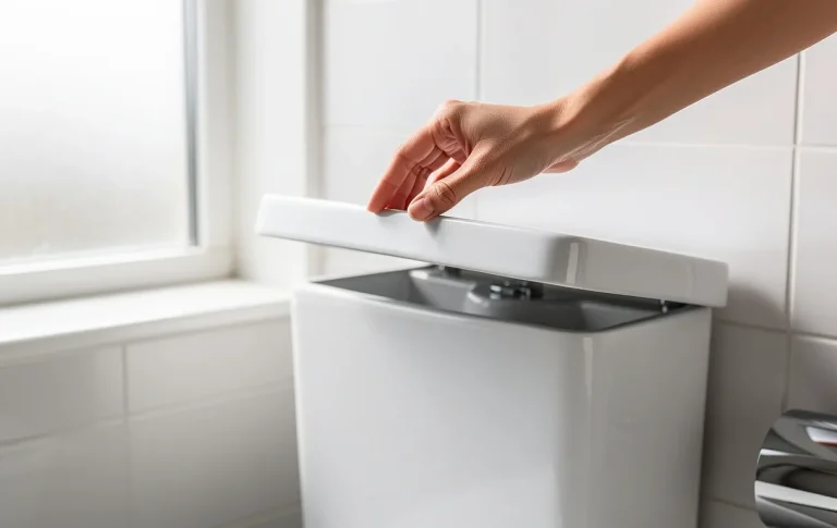 Une main soulève délicatement le couvercle d’un réservoir de toilette dans une salle de bain lumineuse.