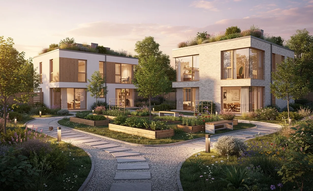 Des maisons modernes écologiques entourées de verdure, reliées par des allées et des jardins sous un coucher de soleil paisible.
