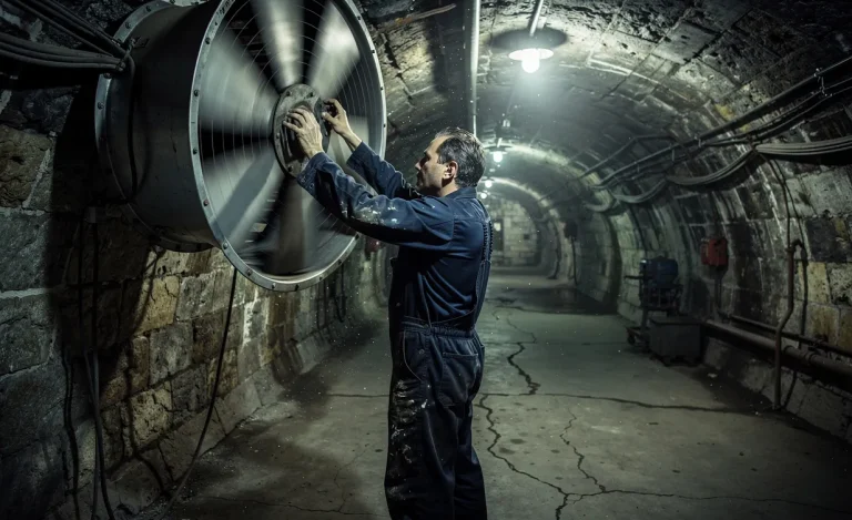 Un mécanicien en bleu de travail règle un grand ventilateur dans une galerie souterraine faiblement éclairée aux murs de pierre.