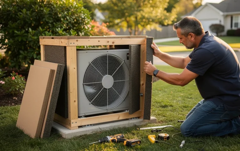 Une personne installe soigneusement une boîte d’insonorisation sur une unité de climatisation extérieure dans un jardin ensoleillé, avec des panneaux isolants et un cadre en bois.