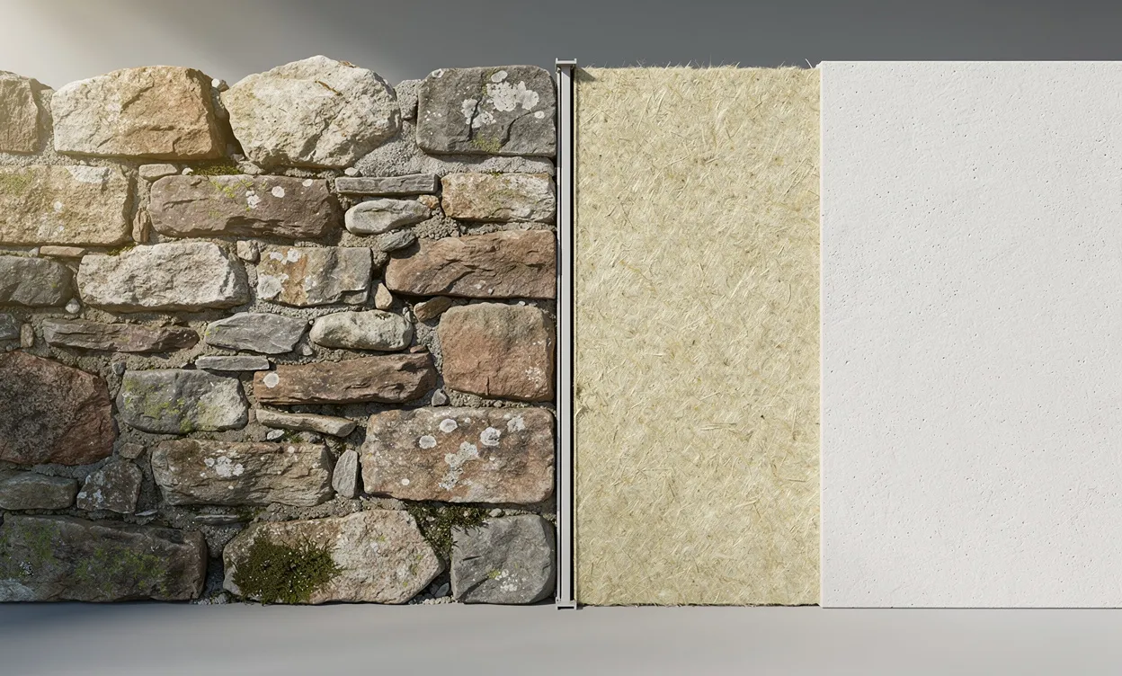 Coupe d’un mur en pierre traditionnelle avec une mince lame d’air entre la pierre brute et l’isolation intérieure, éclairée en lumière naturelle.