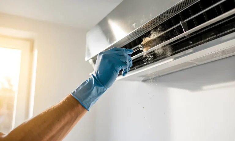 Une personne avec des gants de protection nettoie les grilles d’un conduit d’air moderne dans une pièce lumineuse aux murs blancs.