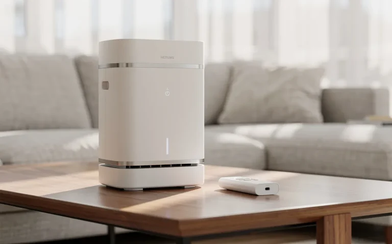 Un nettoyeur d’air conditionné portable posé sur une table de salon moderne à côté d’une télécommande, avec la lumière du jour traversant des rideaux légers.