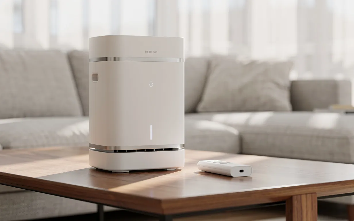 Un nettoyeur d’air conditionné portable posé sur une table de salon moderne à côté d’une télécommande, avec la lumière du jour traversant des rideaux légers.