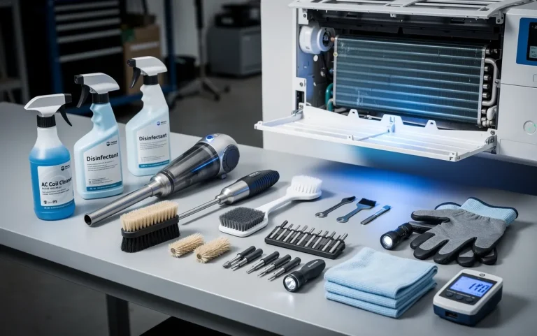 Des outils et produits professionnels de nettoyage de climatisation disposés soigneusement sur un établi près d’un climatiseur ouvert.