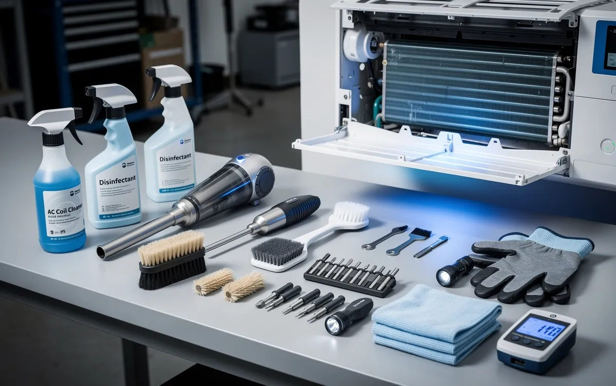 Des outils et produits professionnels de nettoyage de climatisation disposés soigneusement sur un établi près d’un climatiseur ouvert.