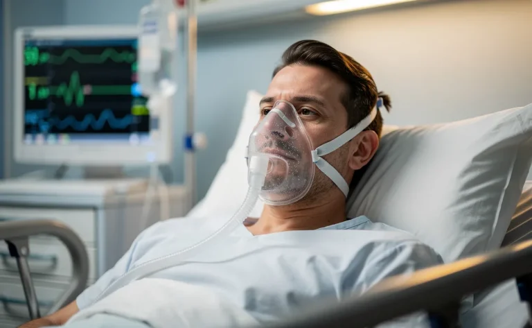Un patient porte calmement un masque de ventilation non invasive dans une chambre d’hôpital, avec des moniteurs médicaux allumés en arrière-plan.