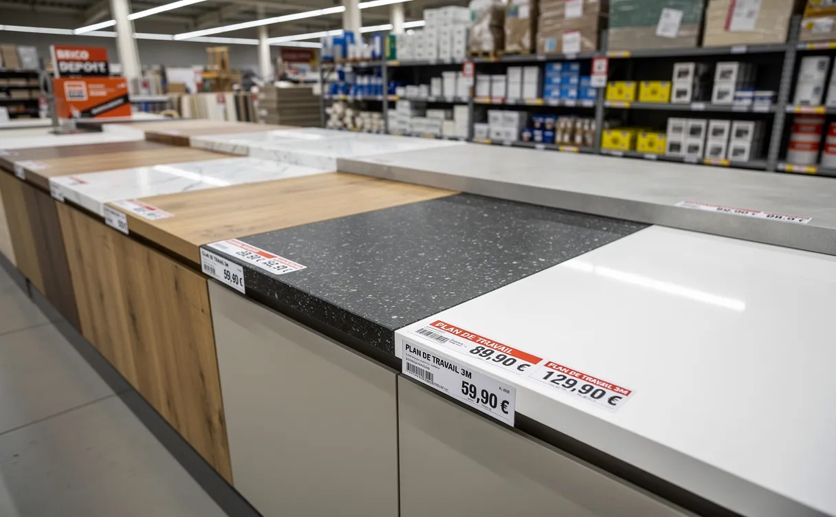 Plusieurs plans de travail de cuisine de trois mètres en bois, stratifié et pierre sont alignés dans un magasin Brico Dépôt lumineux avec des étiquettes de prix apparentes.