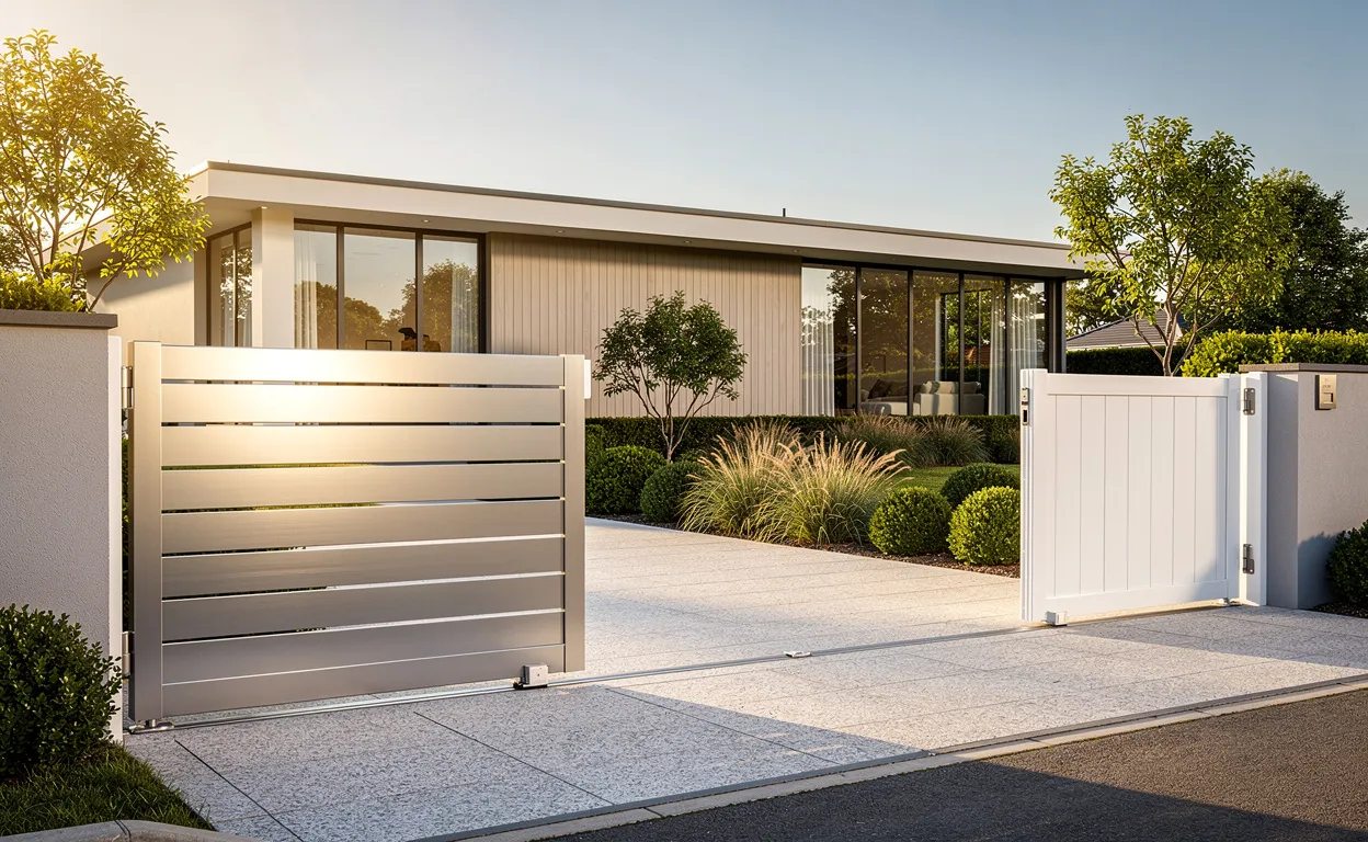 Allée moderne avec un portail en aluminium aux lignes épurées et un portail blanc en PVC devant un jardin soigné et une maison contemporaine.
