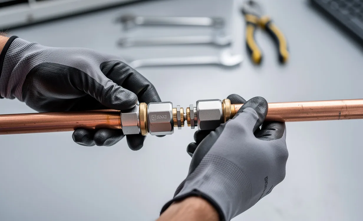 Un technicien en gants relie deux tuyaux de climatisation à l’aide d’un raccord rapide dans un atelier bien éclairé.