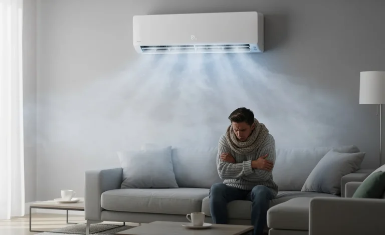 Une personne emmitouflée sous un climatiseur moderne expulse une brume froide dans un salon aux tons bleutés.