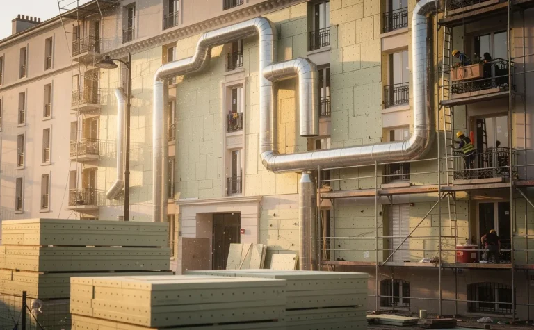 Un immeuble français moderne en rénovation avec des panneaux d’isolation épais et des conduits de ventilation visibles sur la façade.